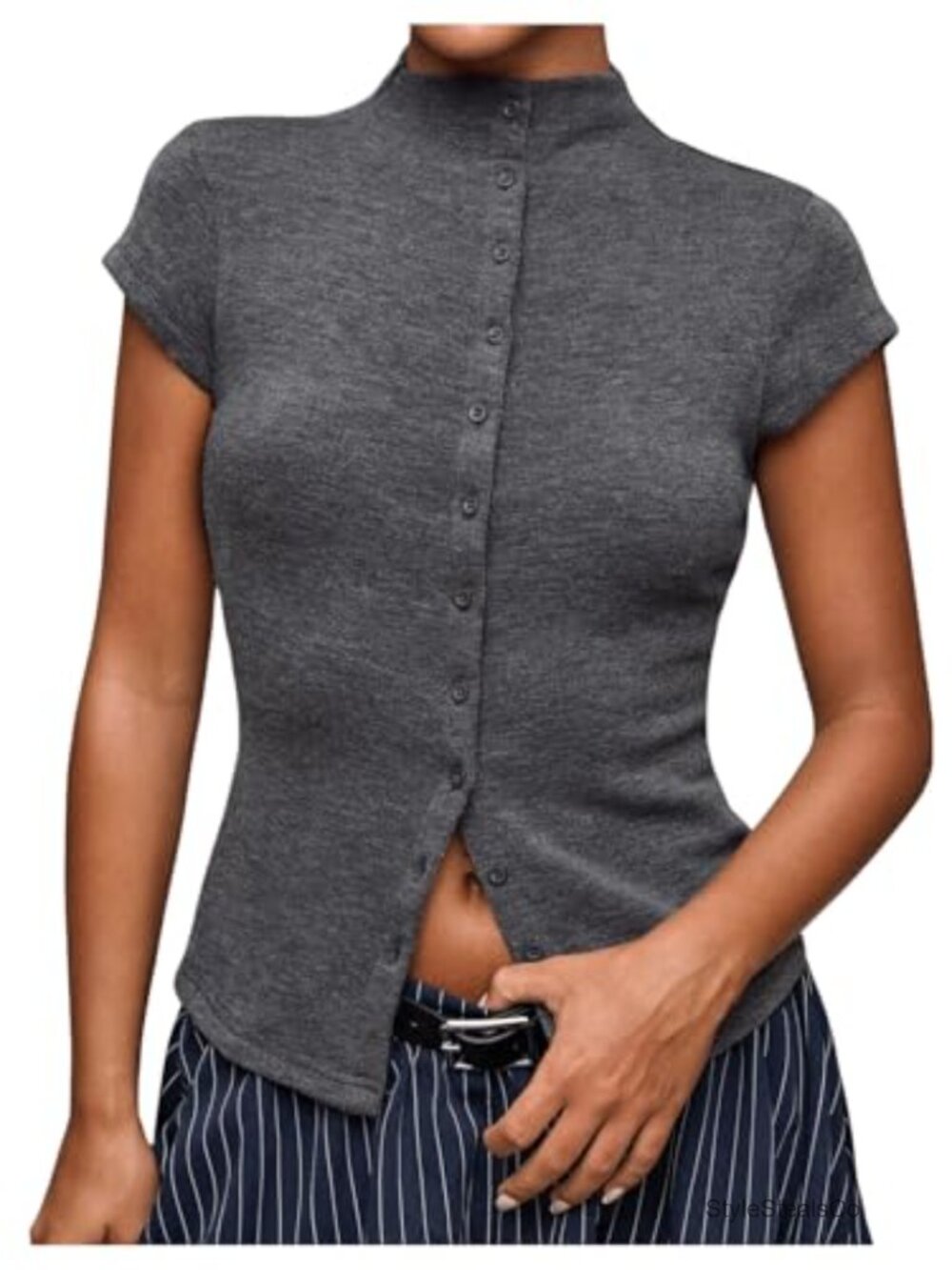Women's Cap Sleeve Knit Top Mock Neck Button Down Slim Fit Sweater
